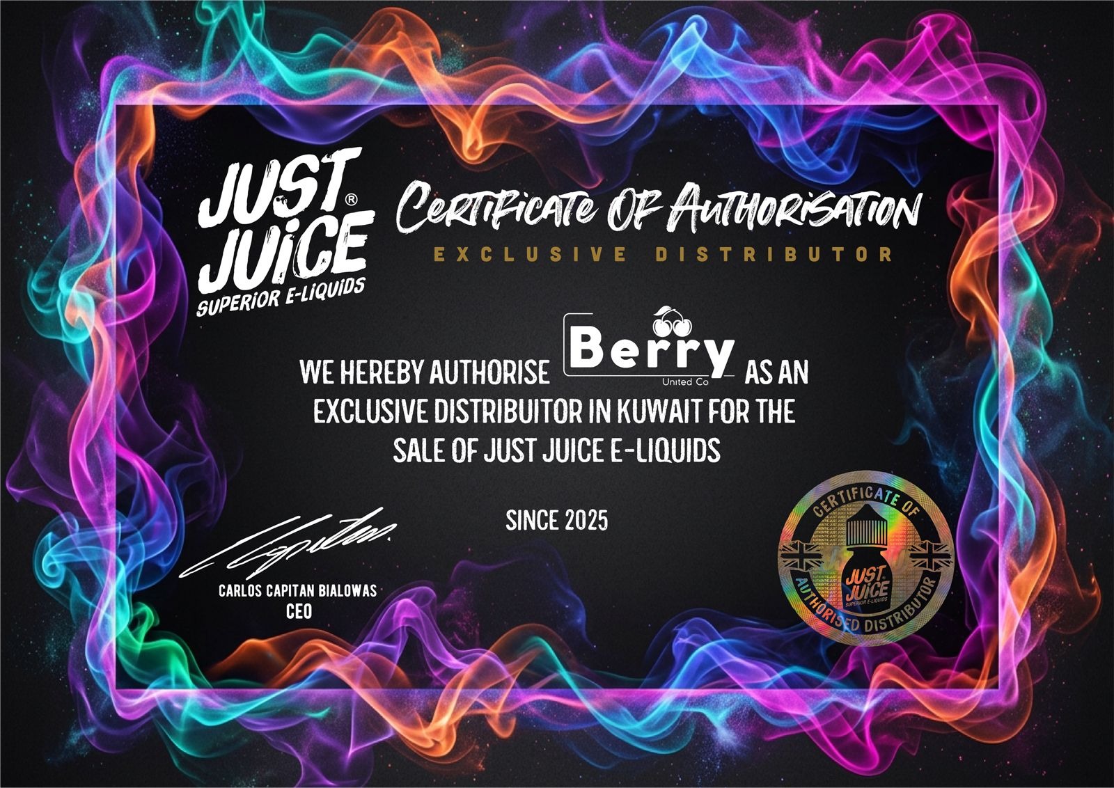 Just Juice Authorized Distributor Certificate